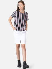Kotty Women Blue Striped Round Neck T-shirt