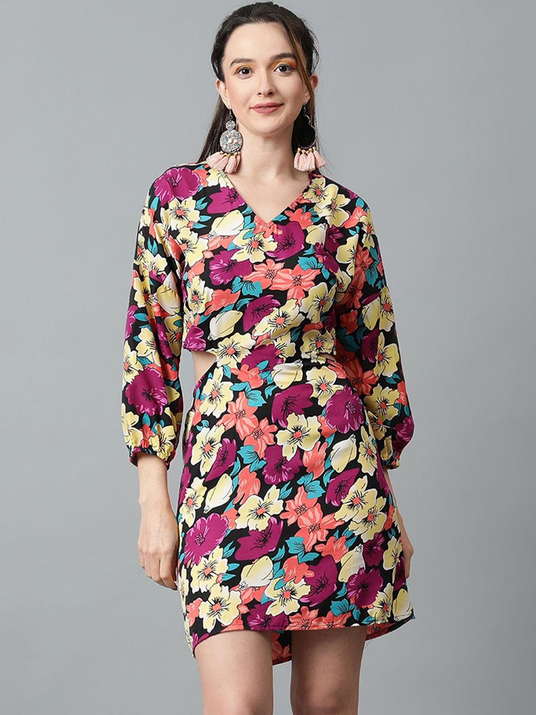 Kotty Floral Printed Cuffed Sleeves Wrap Dress