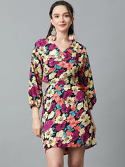 Kotty Floral Printed Cuffed Sleeves Wrap Dress