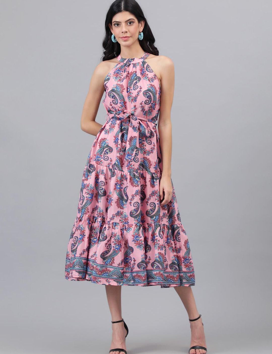 Kotty Pink And Blue Paisley Printed Choker Neck Tiered Fit & Flare Midi Dress