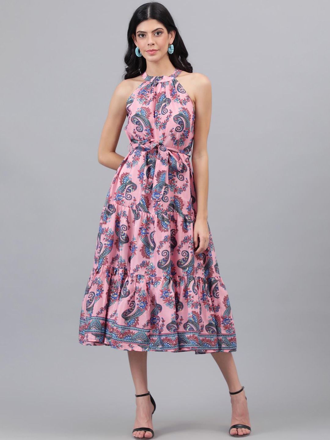 Kotty Pink And Blue Paisley Printed Choker Neck Tiered Fit & Flare Midi Dress