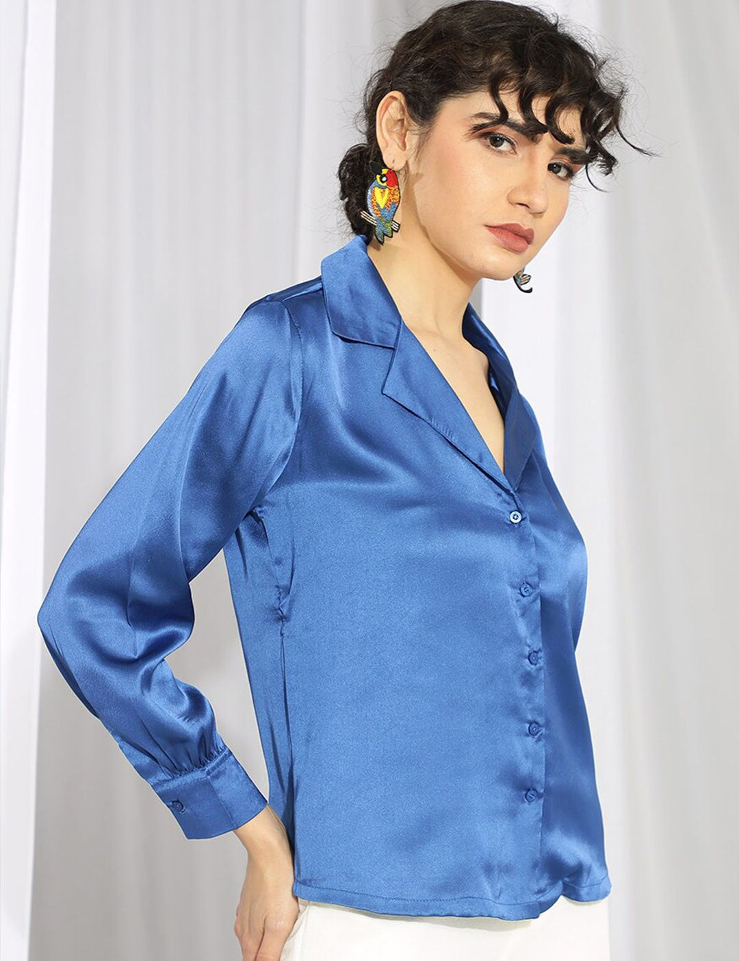 KOTTY BIZwear Blue Relaxed Cuban Collar Satin Casual Shirt