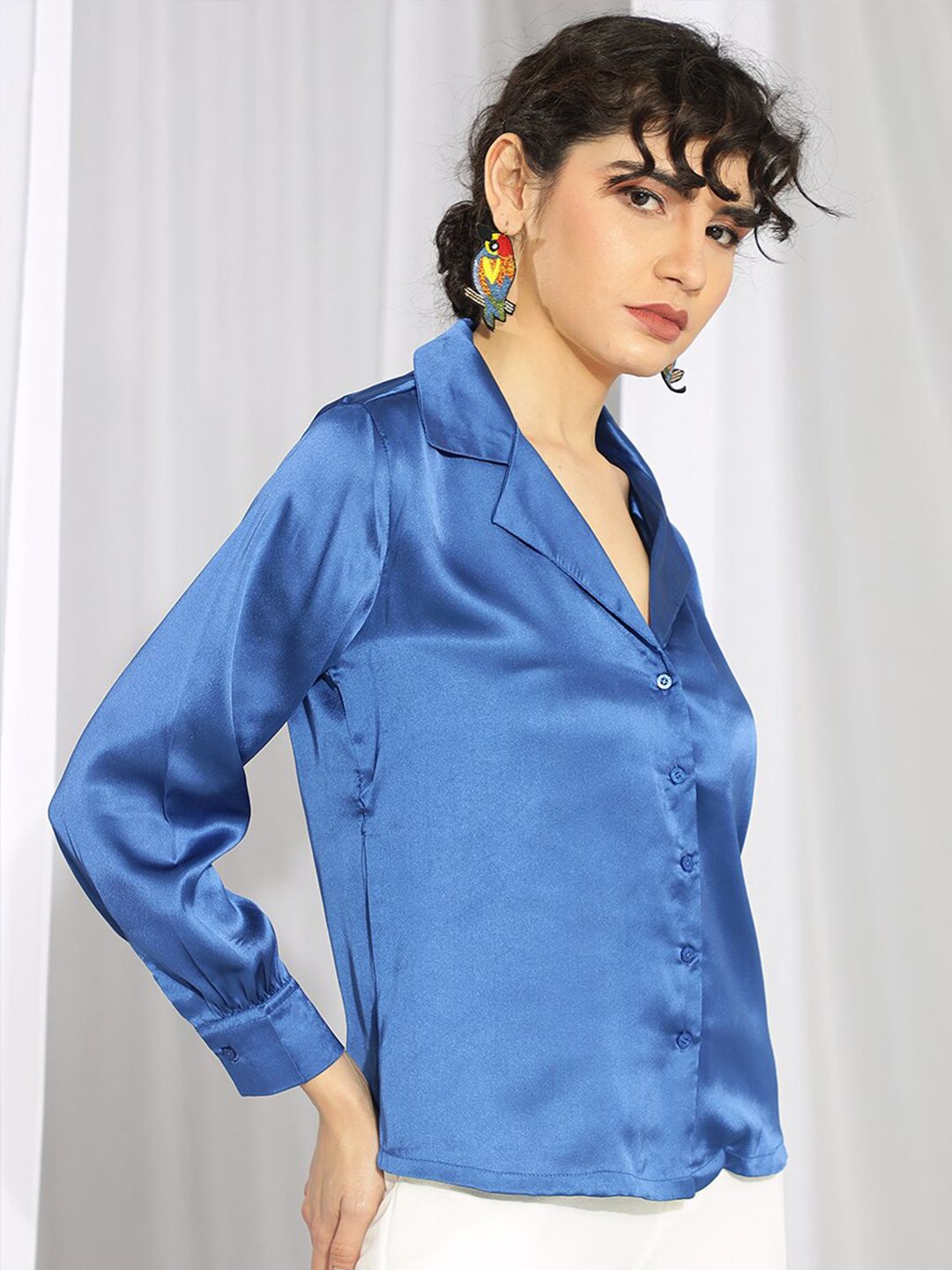 KOTTY BIZwear Blue Relaxed Cuban Collar Satin Casual Shirt