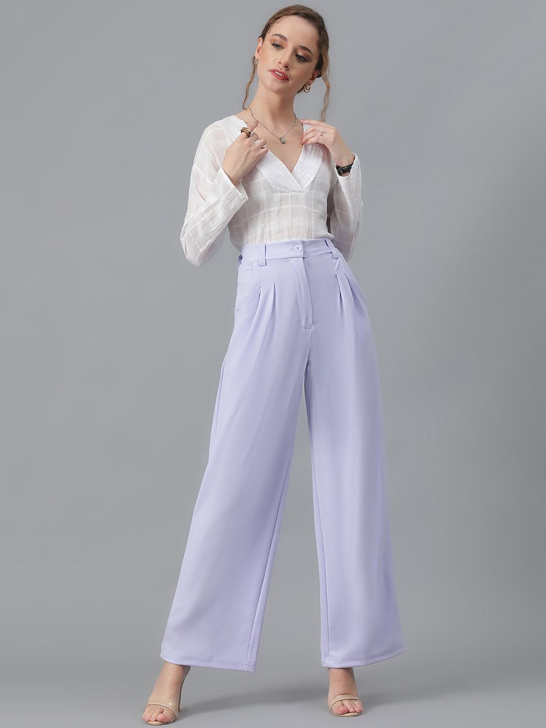 KOTTY BIZwear Women Lavender Relaxed Straight Leg High-Rise Easy Wash Parallel Trousers