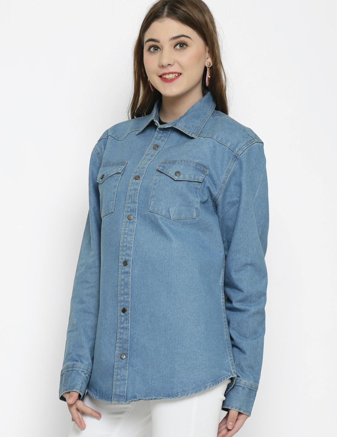Kotty Women Blue Solid Oversized Longline Denim Jacket
