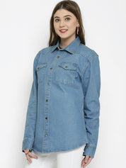 Kotty Women Blue Solid Oversized Longline Denim Jacket