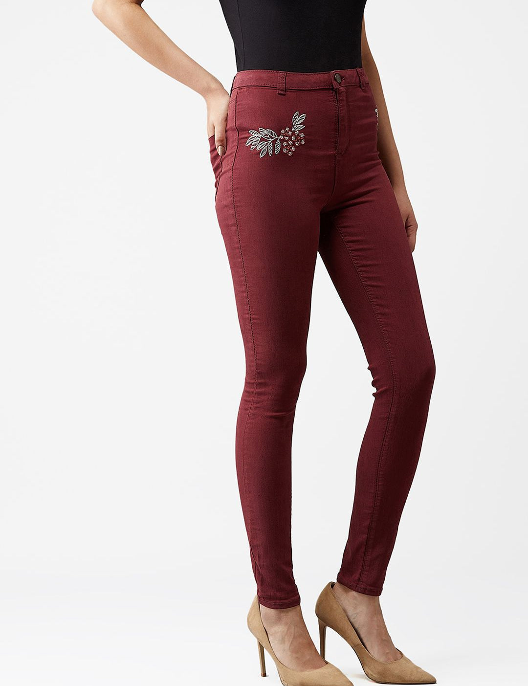Kotty Women Maroon Skinny Fit High-Rise Clean Look Jeans