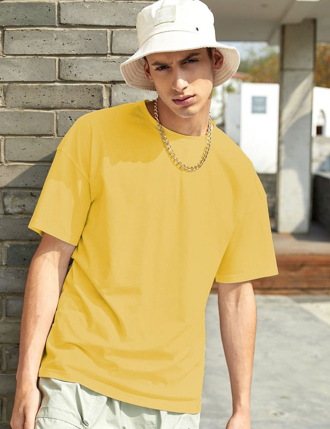 Kotty Yellow Drop-Shoulder Sleeves Oversized Cotton Casual T-Shirt