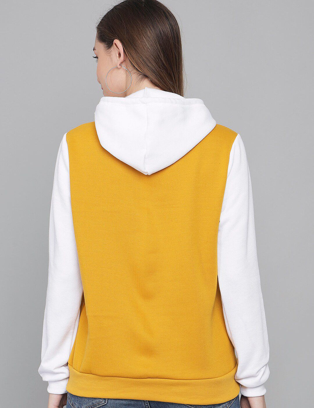 Kotty Women Yellow & White Fleece Colourblocked Hooded Sweatshirt