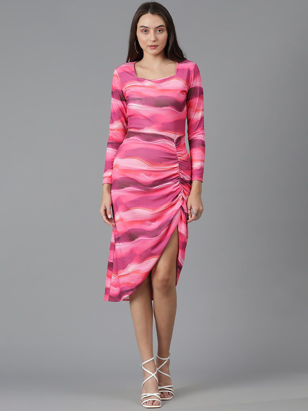 Kotty Printed Round Neck Three-Quarter Sleeves A-Line Midi Dress