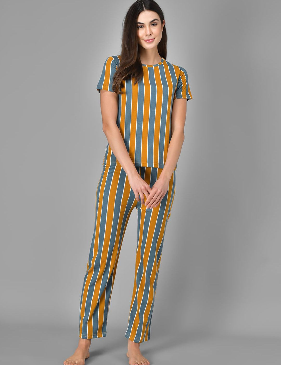 Kotty Women Mustard Yellow & Grey Striped Night Suit