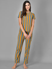 Kotty Women Mustard Yellow & Grey Striped Night Suit