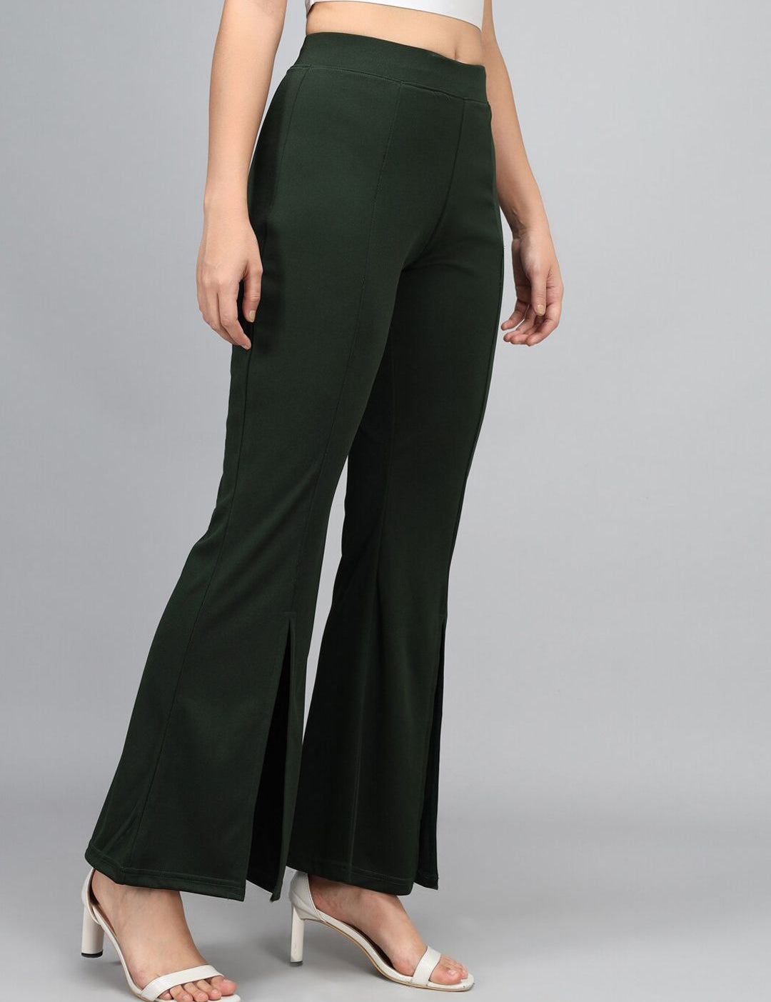 Kotty Women Green Flared High-Rise Bootcut Trousers