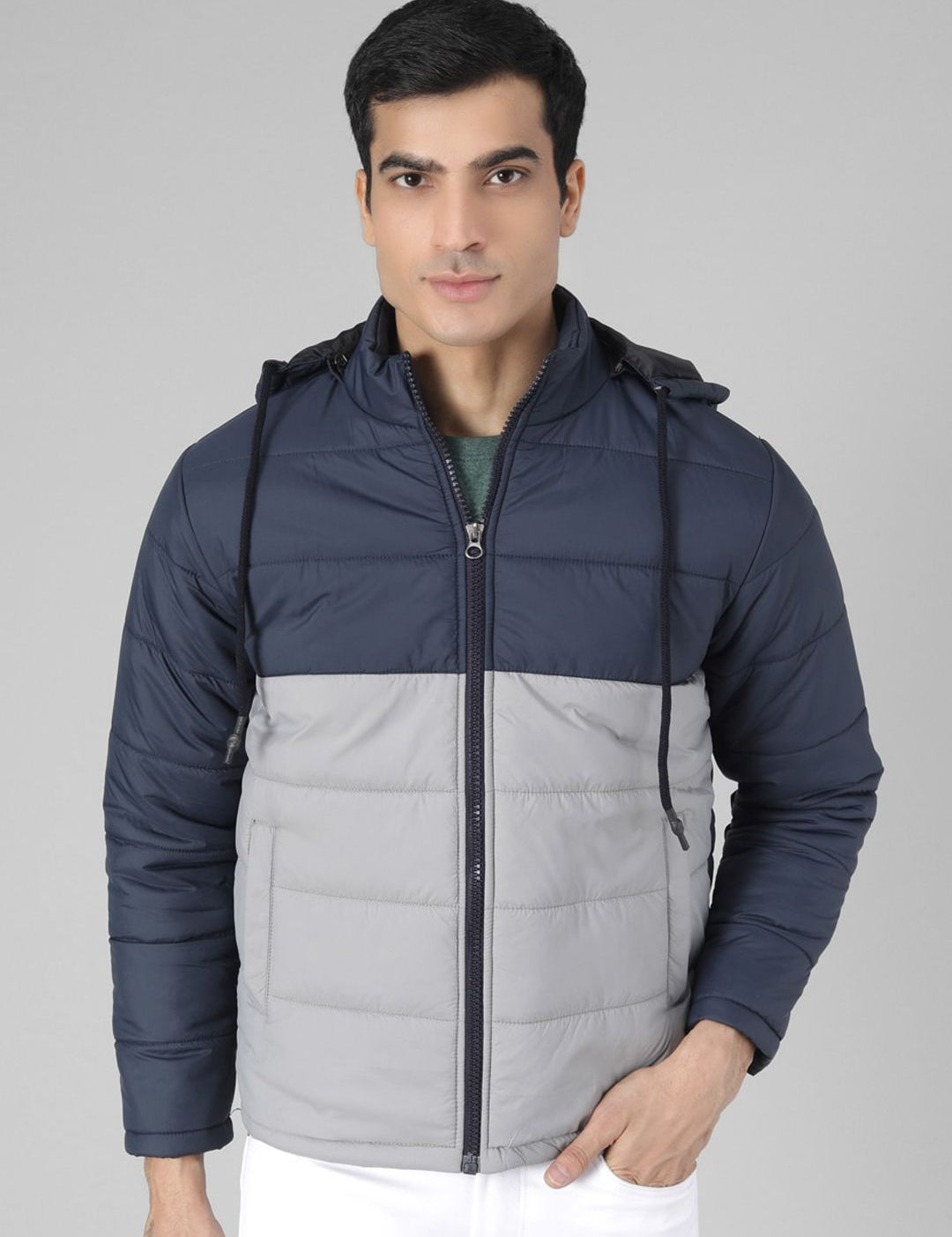 Kotty Men Blue & Grey Colourblocked Padded Jacket