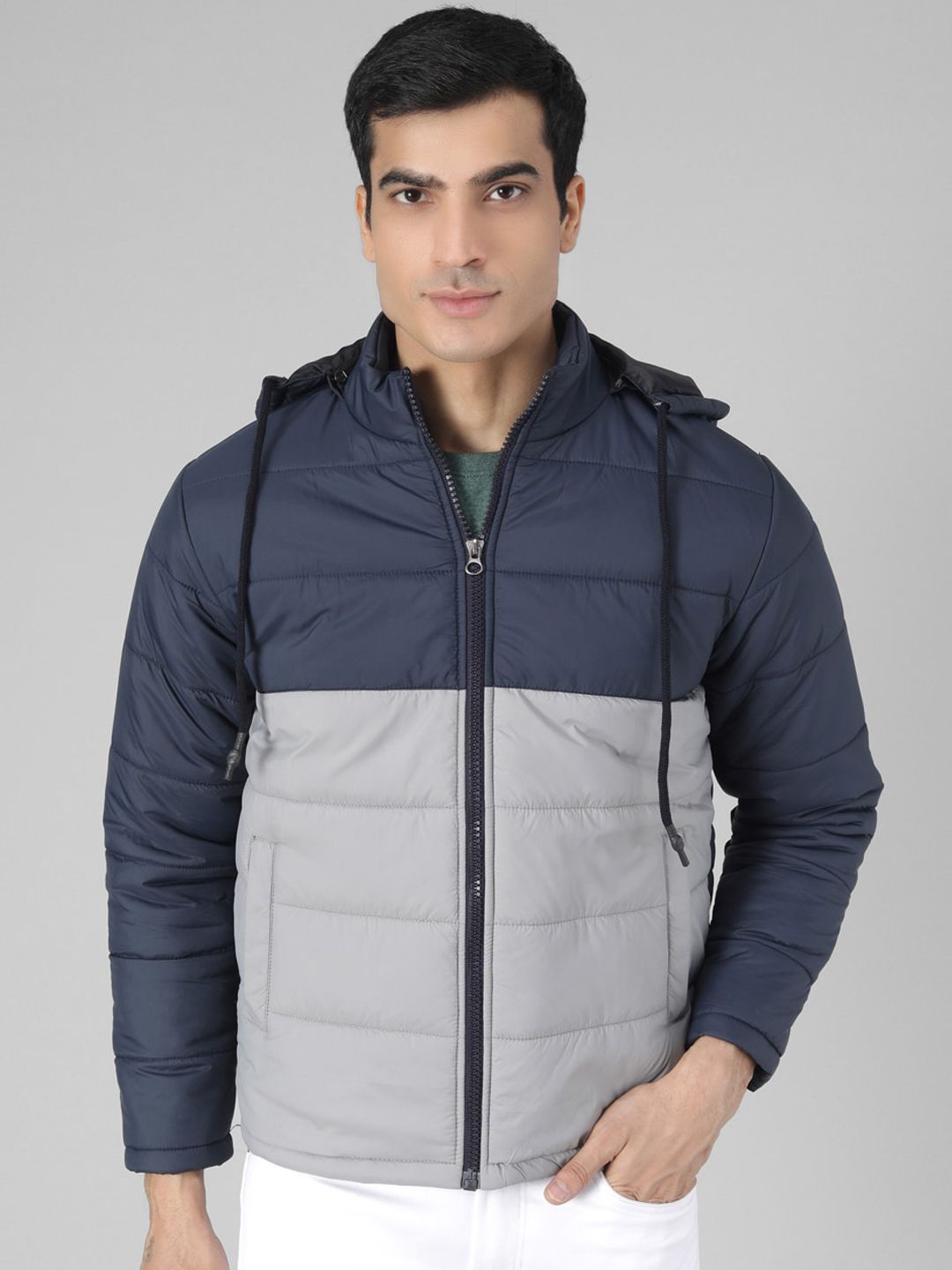 Kotty Men Blue & Grey Colourblocked Padded Jacket