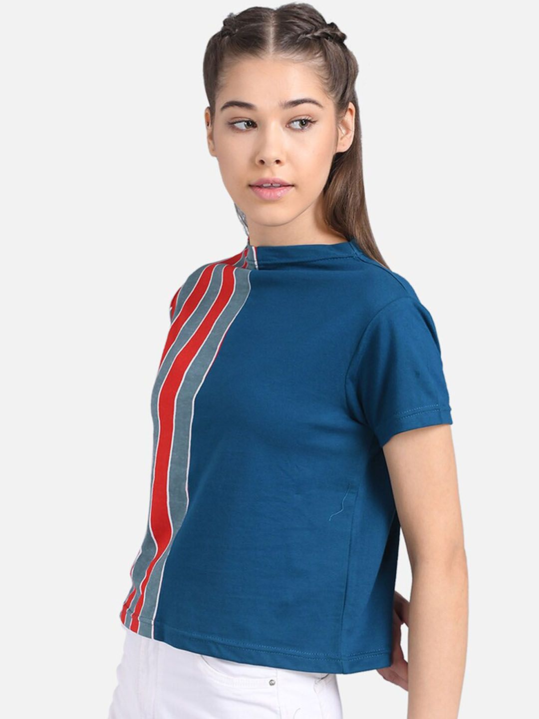 Kotty Women Red & Blue Striped Pure Cotton Top