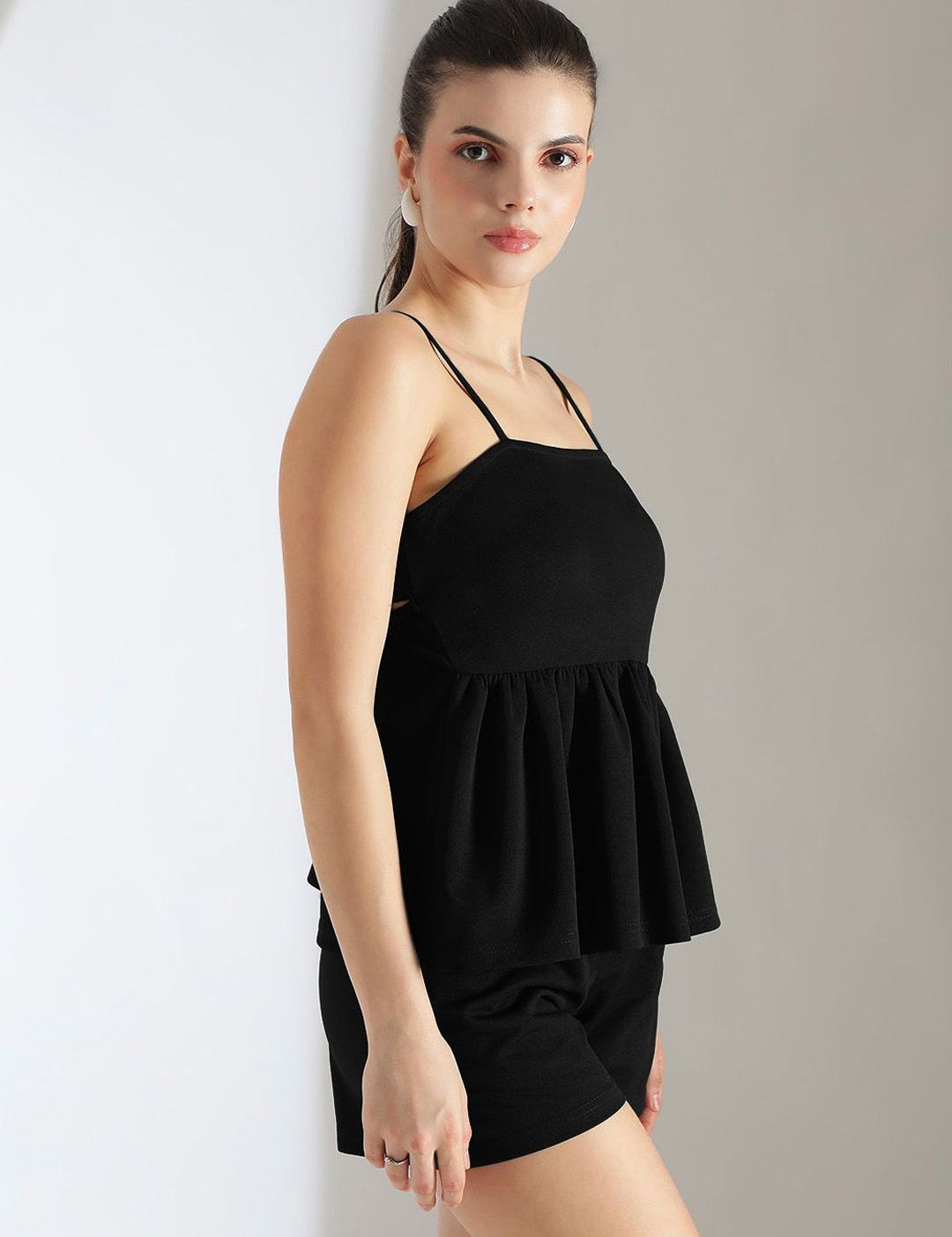 Kotty Black Shoulder Straps Top With Shorts
