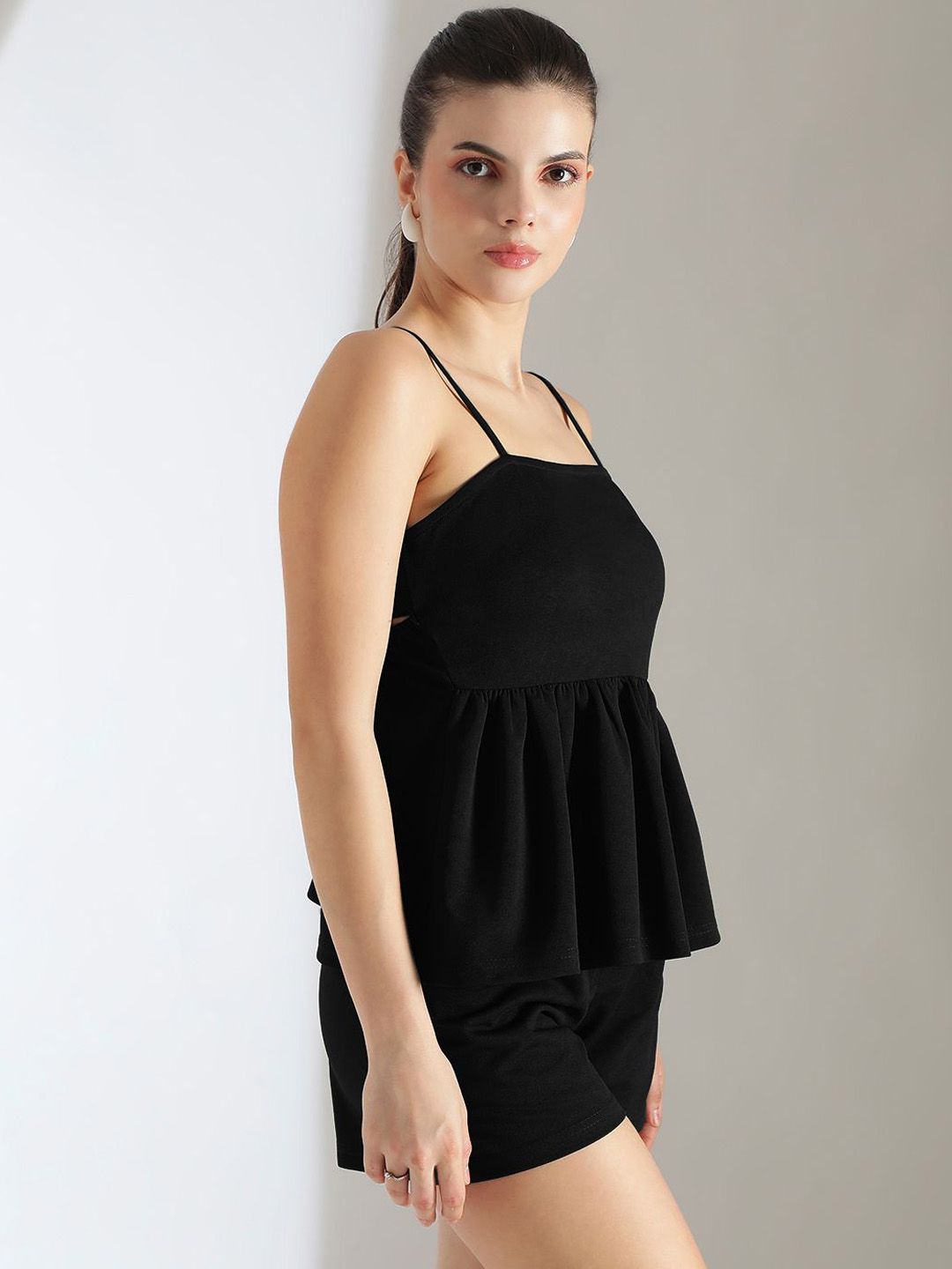 Kotty Black Shoulder Straps Top With Shorts