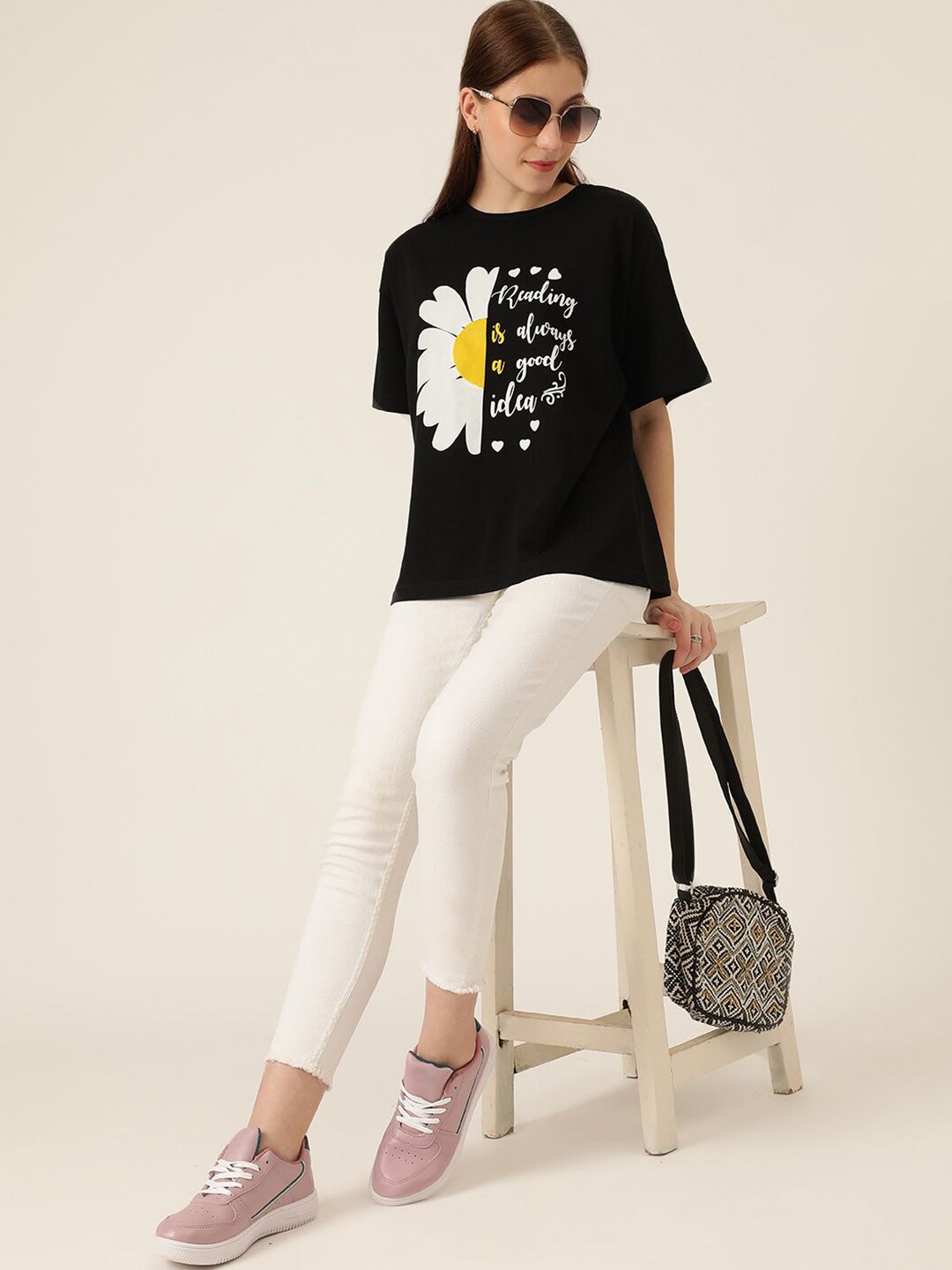 KOTTY Basics Graphic Printed Drop Shoulder Sleeves Oversized T-shirt