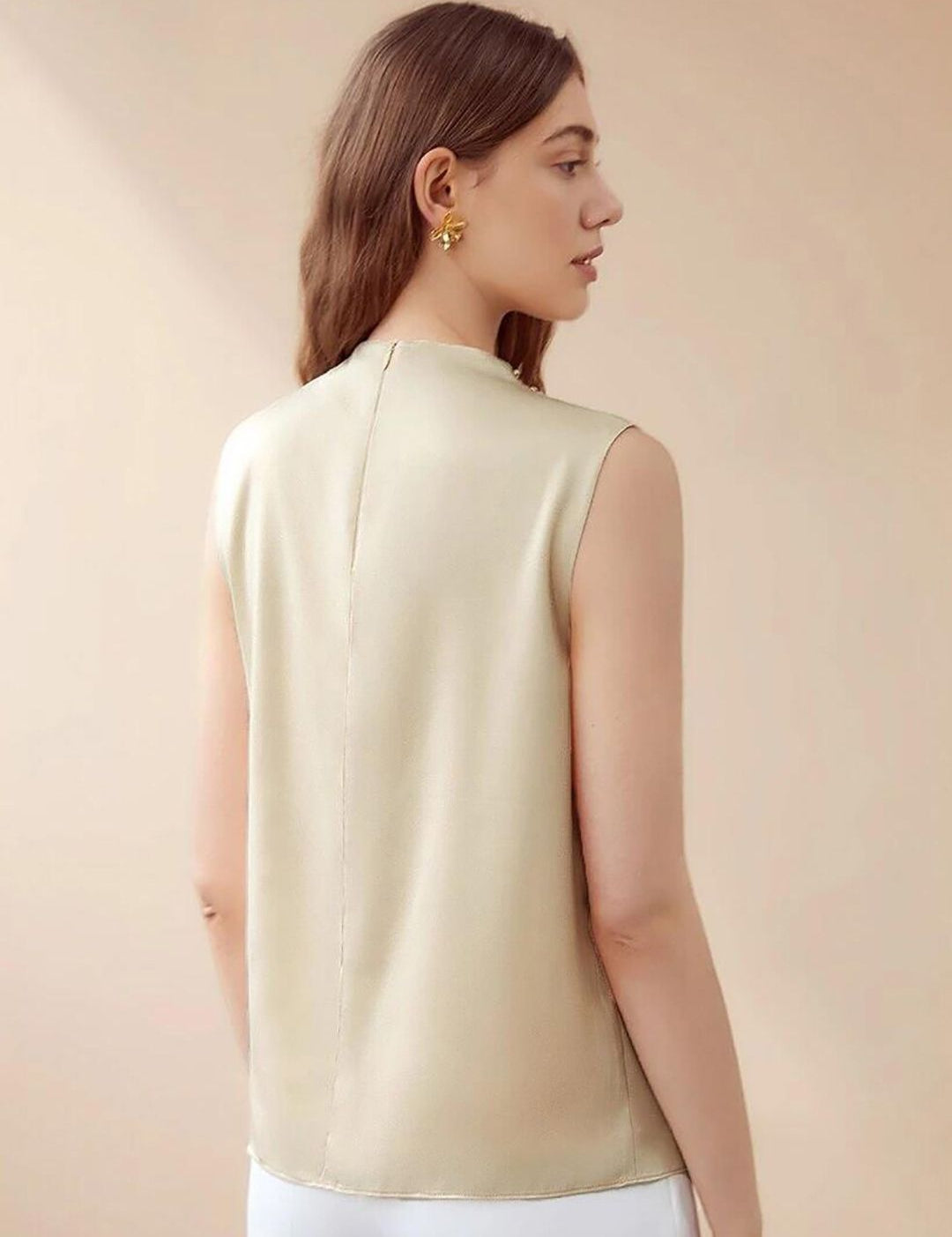 Kotty Beige High Neck Sleeveless Pleated Detail Satin Top