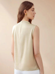 Kotty Beige High Neck Sleeveless Pleated Detail Satin Top