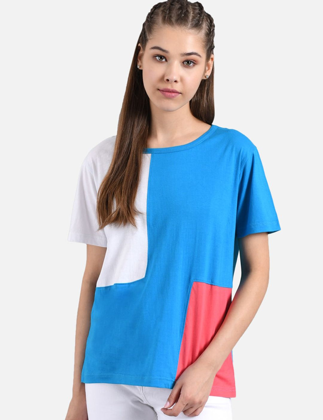 Kotty Women White & Blue Colourblocked Round Neck T-shirt