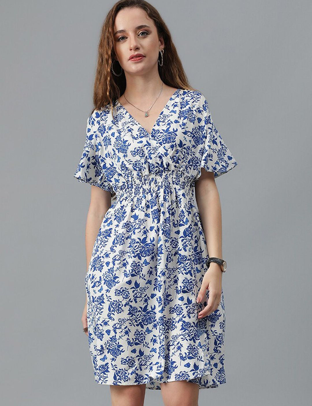 Kotty Blue Floral Printed Flared Sleeve Fit & Flare Dress