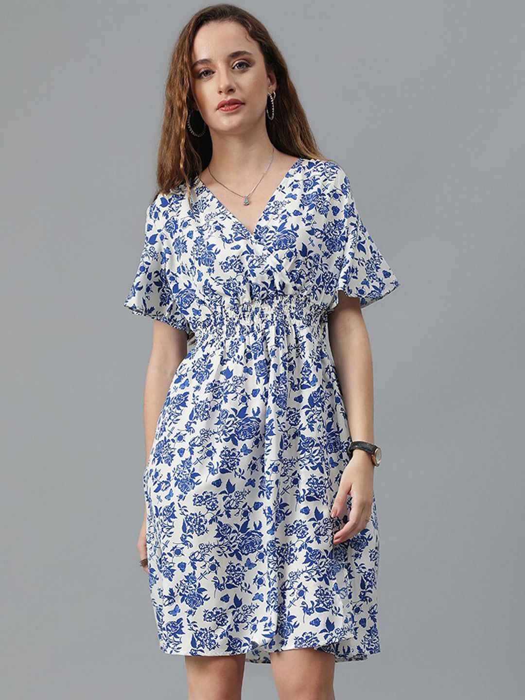Kotty Blue Floral Printed Flared Sleeve Fit & Flare Dress