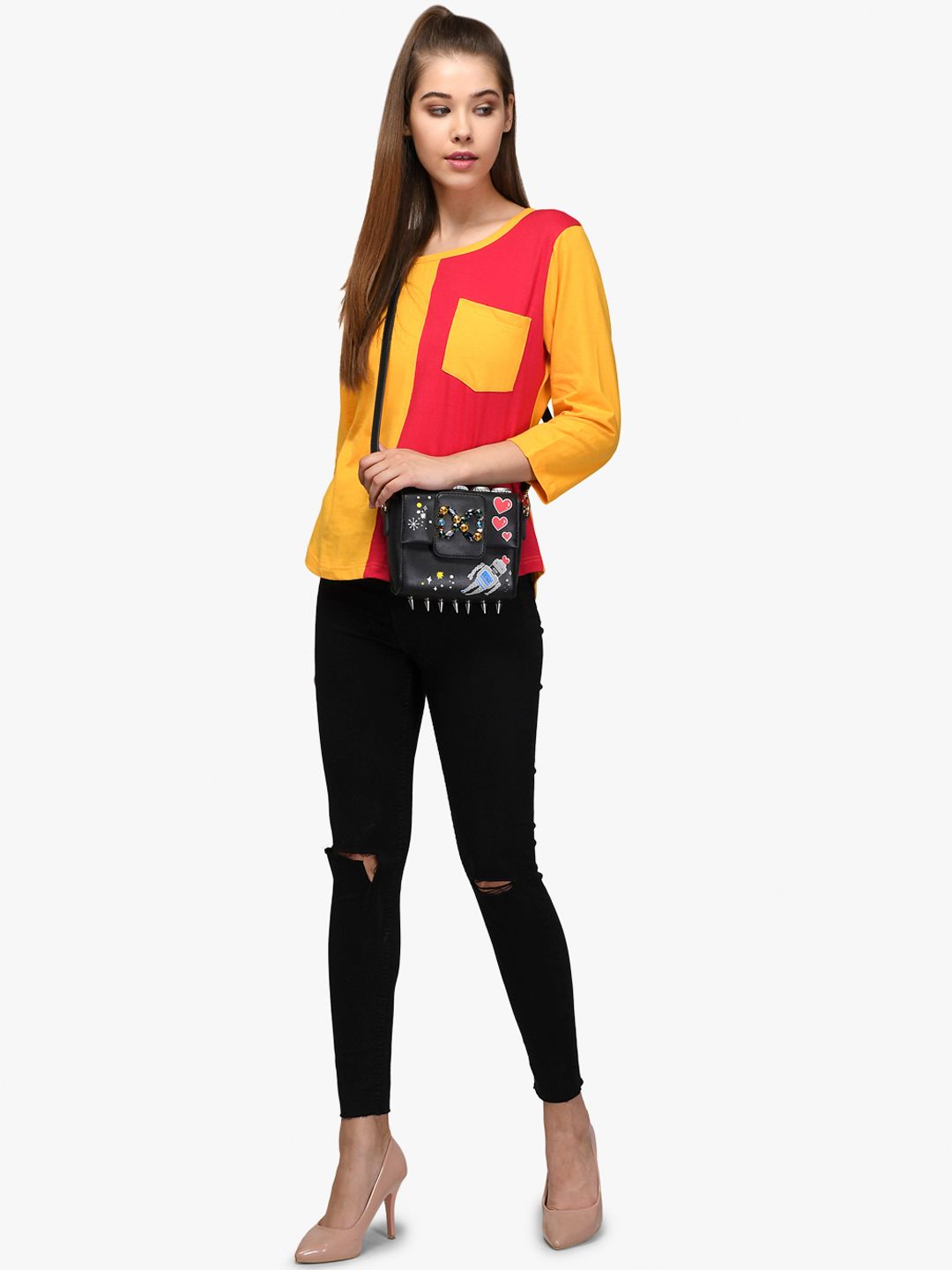 Kotty Women Red & Yellow Colourblocked Round Neck T-shirt