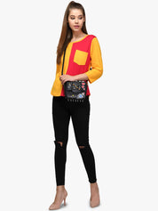 Kotty Women Red & Yellow Colourblocked Round Neck T-shirt