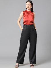Kotty Women Black Relaxed Straight Leg Straight Fit High-Rise Easy Wash Pleated Trousers
