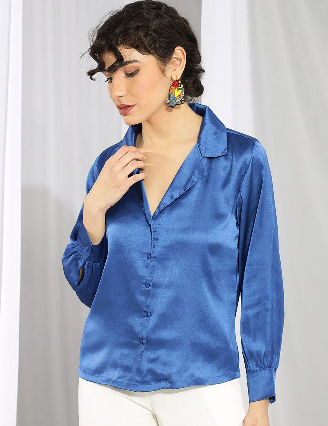 Kotty Blue Cuffed Sleeves Satin Shirt Style Top