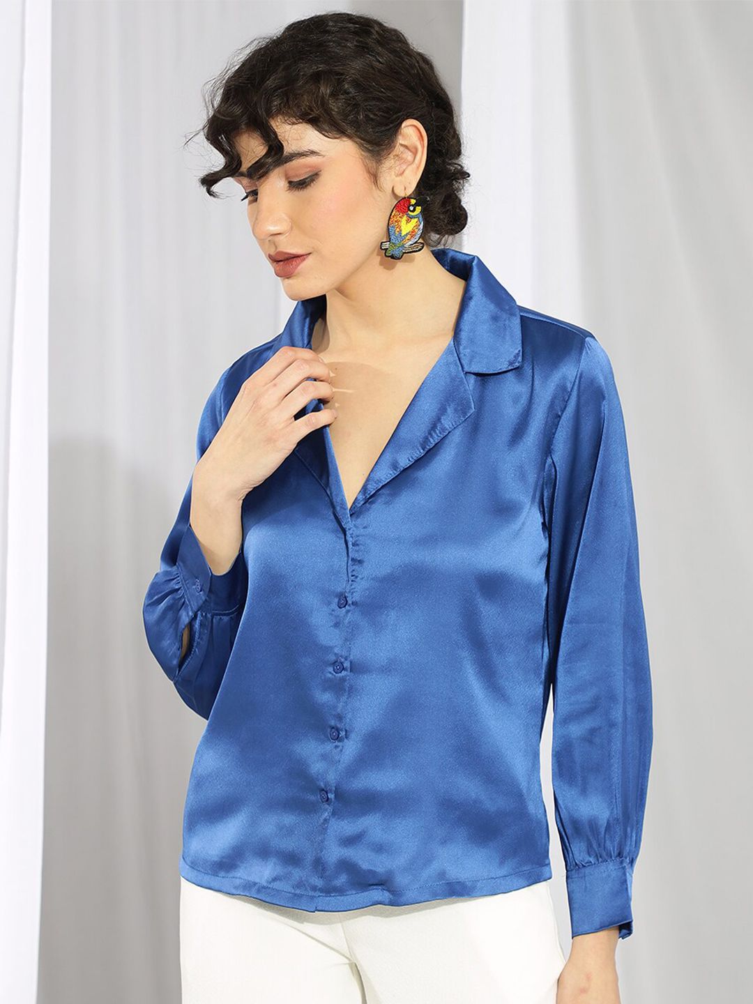 Kotty Blue Cuffed Sleeves Satin Shirt Style Top