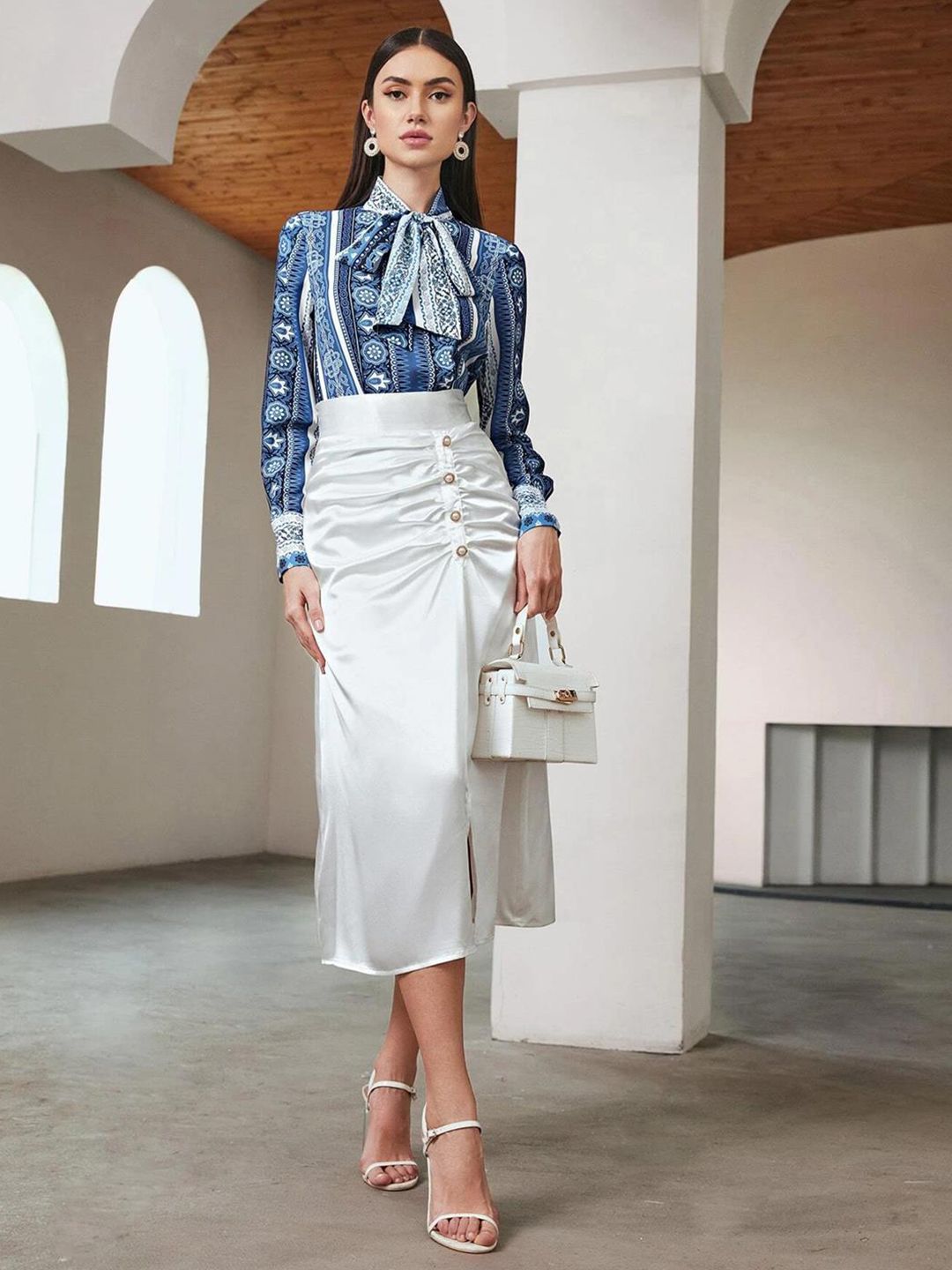 Kotty Print Tie-Up Neck Crepe Shirt Style Top