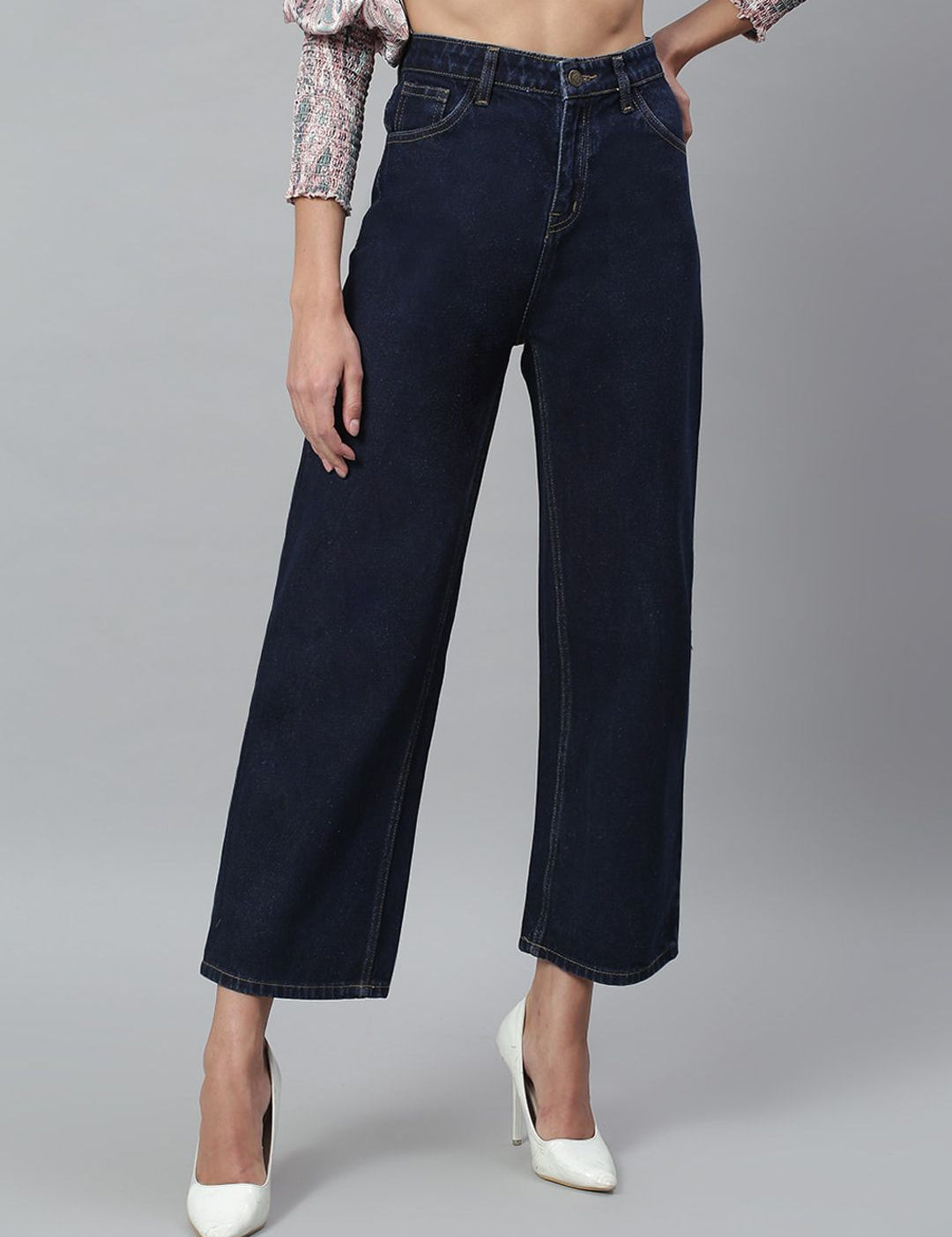 Kotty Women Navy Blue Solid Cotton High-Rise Crop Flared Jeans