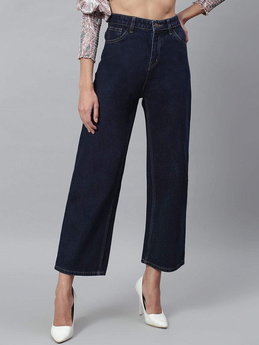 Kotty Women Navy Blue Solid Cotton High-Rise Crop Flared Jeans