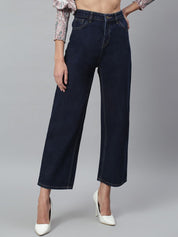 Kotty Women Navy Blue Solid Cotton High-Rise Crop Flared Jeans