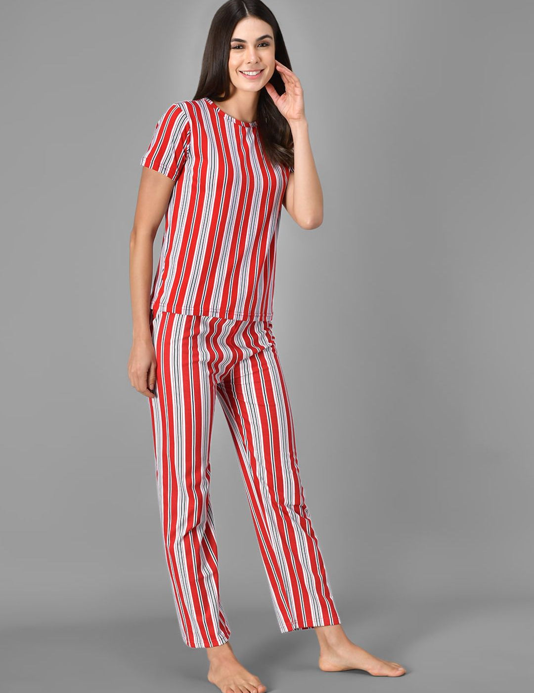Kotty Women Red & White Striped Night Suit