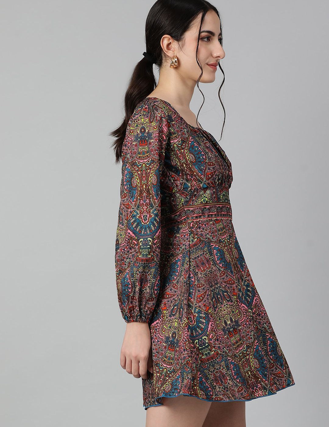 Kotty Ethnic Motifs Printed Square Neck Puff Sleeves Fit & Flare Dress