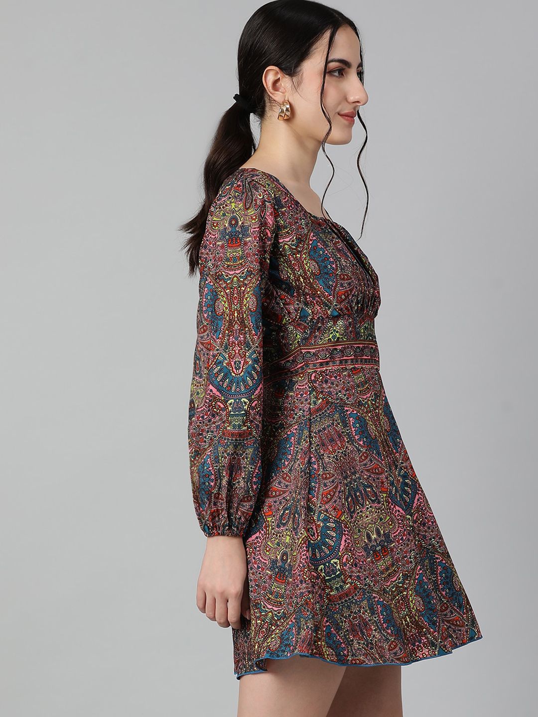 Kotty Ethnic Motifs Printed Square Neck Puff Sleeves Fit & Flare Dress