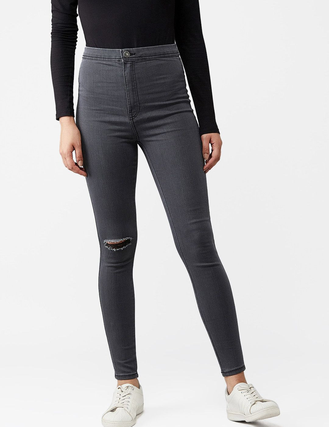 Kotty Women Grey Skinny Fit High-Rise Slash Knee Jeans