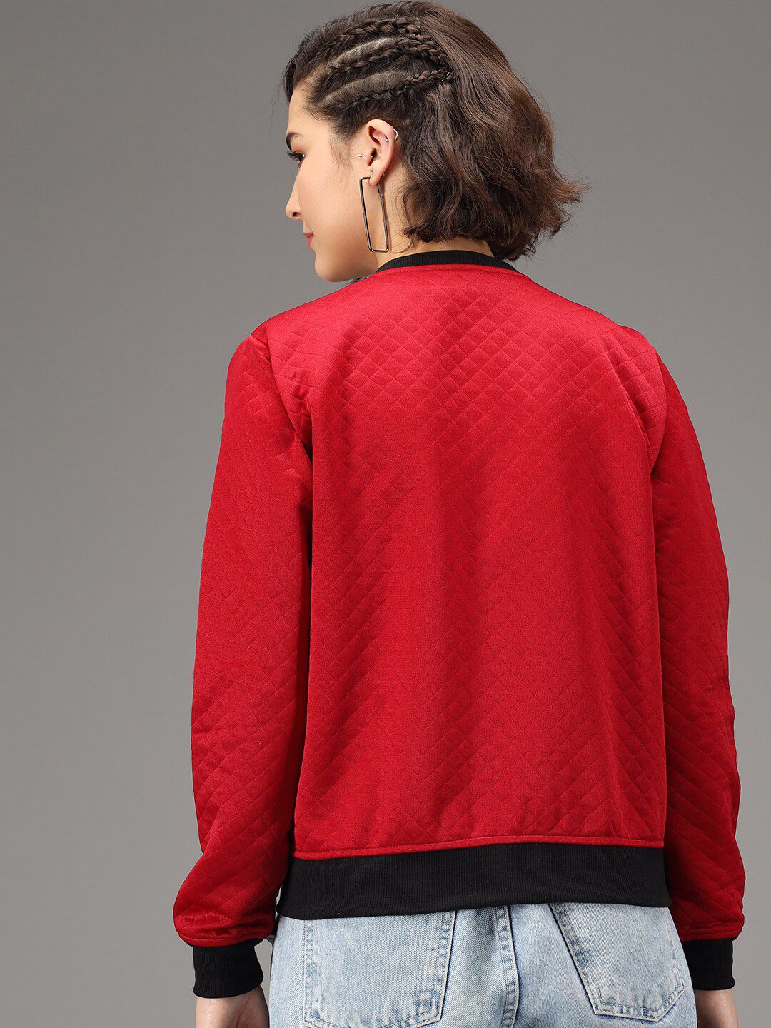 Kotty Women Maroon & Black Geometric Checked Quilted Lightweight Bomber Jacket