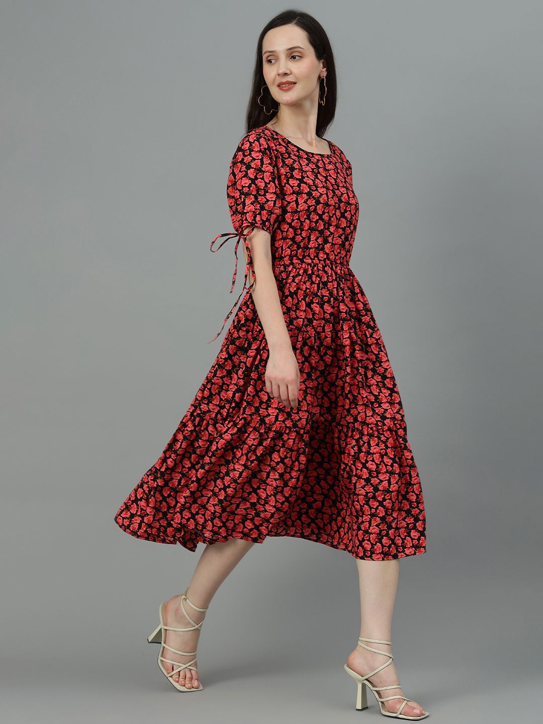 Kotty Red Floral Printed A-Line Midi Dress