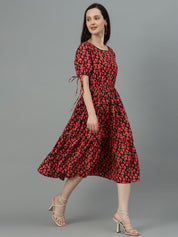Kotty Red Floral Printed A-Line Midi Dress