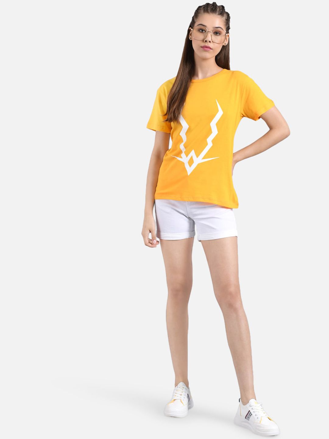 Kotty Women Mustard Yellow & White Printed Round Neck T-shirt