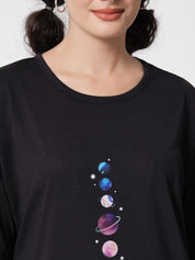 Kotty Women Black Typography Printed Applique Oversized T-shirt