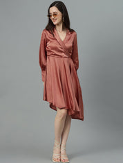 Kotty Copper Toned V Neck Bishop Sleeves Satin Pleated Fit & Flare Dress