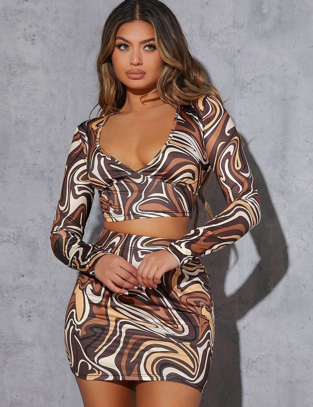 Kotty Brown Printed V-Neck Top With Skirt