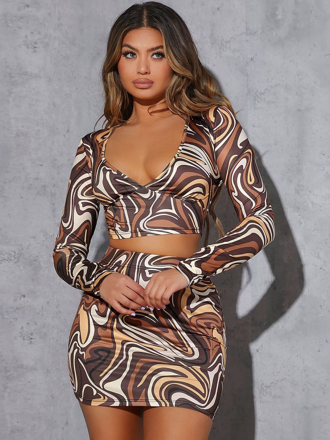 Kotty Brown Printed V-Neck Top With Skirt