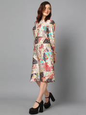 Kotty Floral Printed Boat Neck Puff Sleeve Satin A-Line Dress